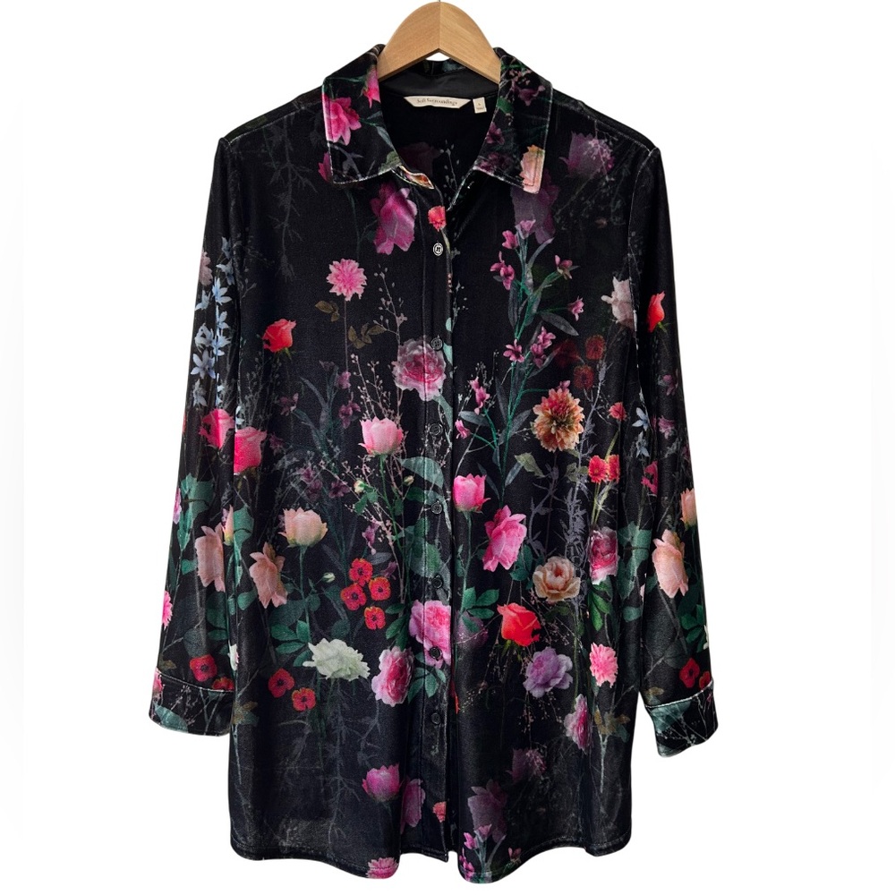 Soft Surroundings Velvet Boyfriend Tunic top L black floral stretch whimsigoth